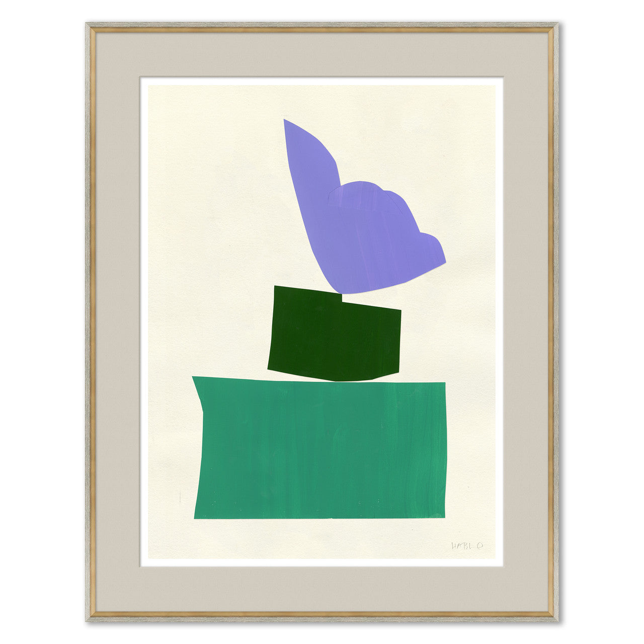 Framed abstract art print with blue and green shapes on a beige background