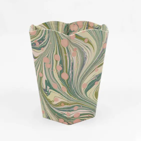 marbleized paper bin in green and pink