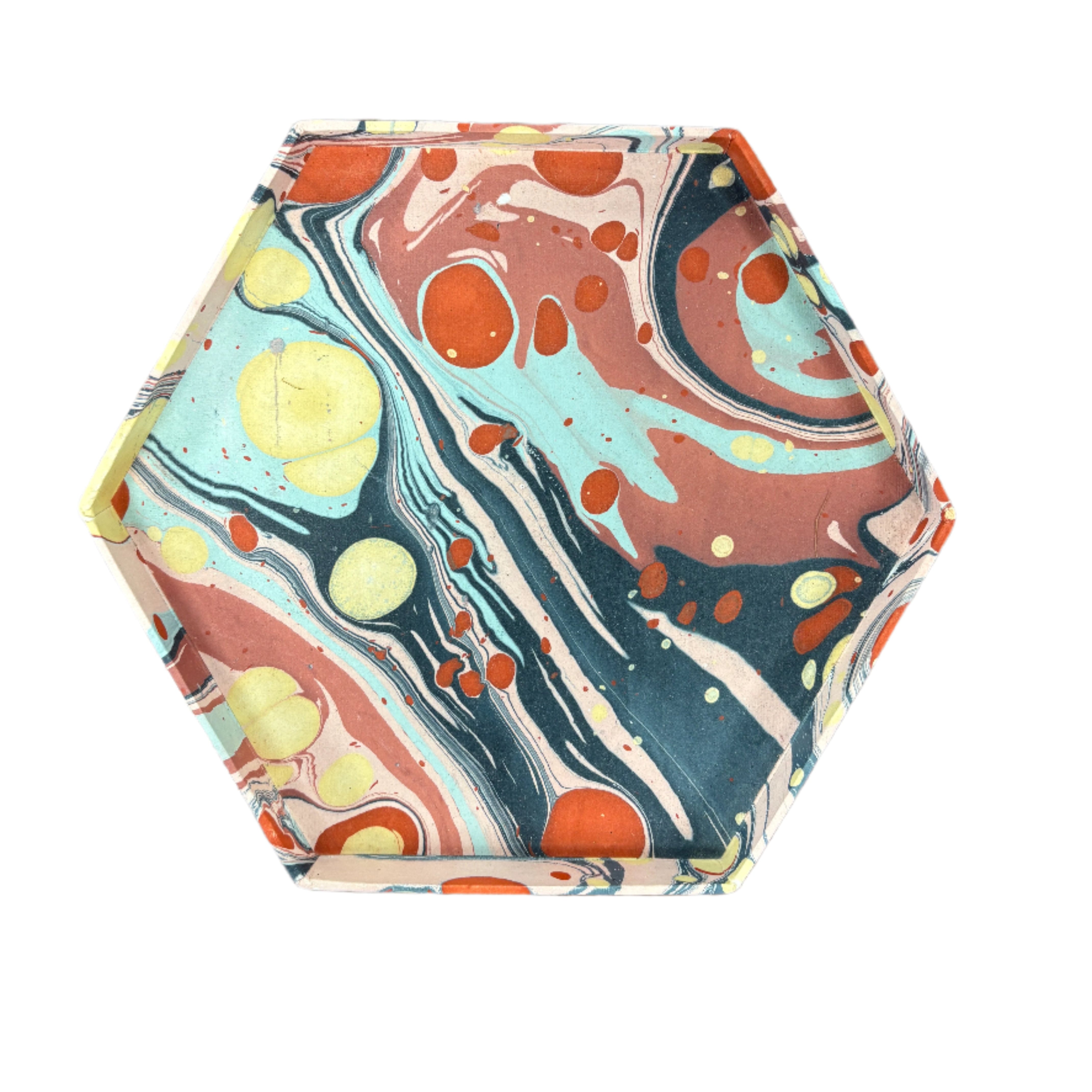 marbleized paper tray in hexagon shape and blues and reds