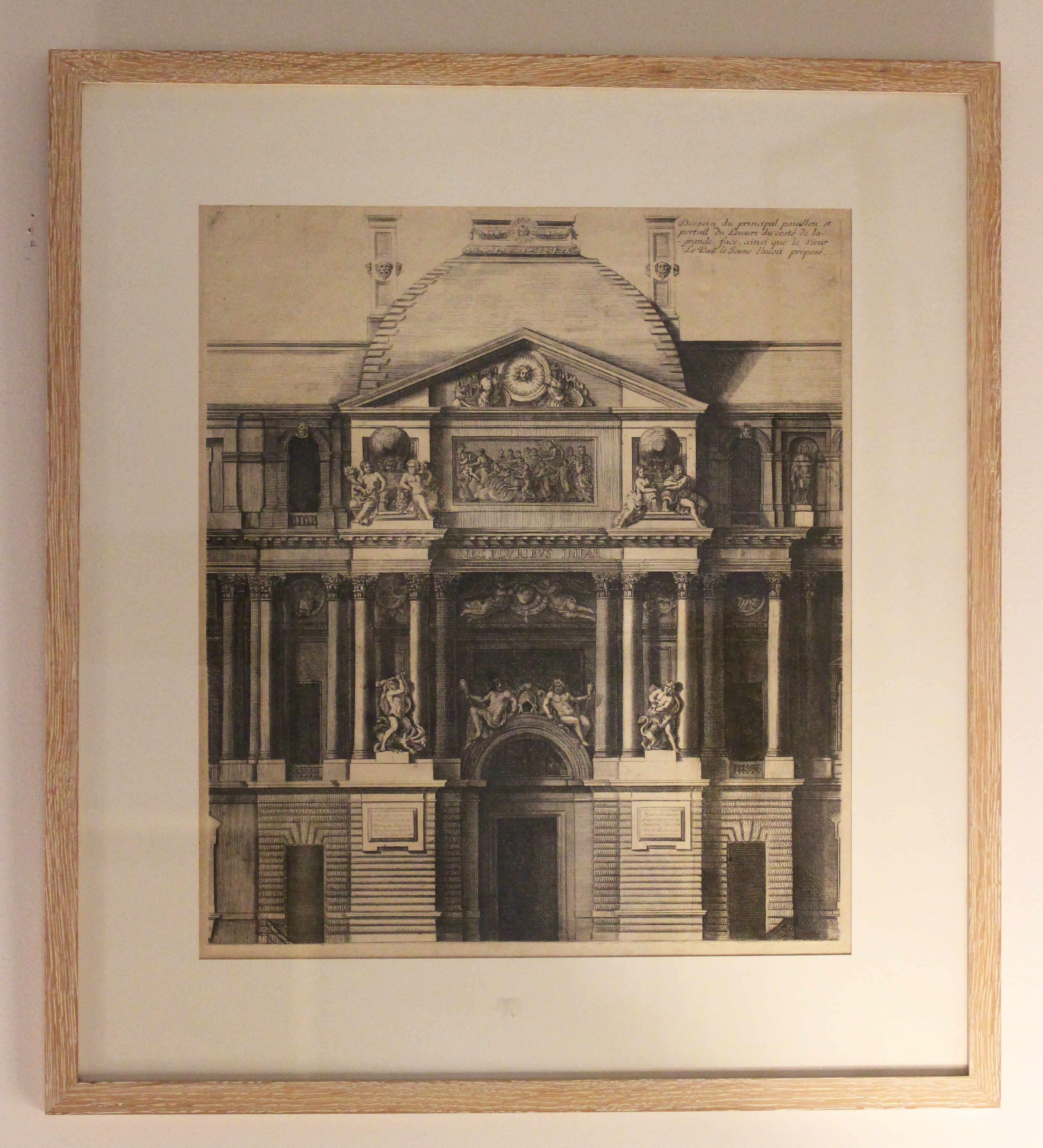 Framed black and white architectural drawing of a classical building facade.
