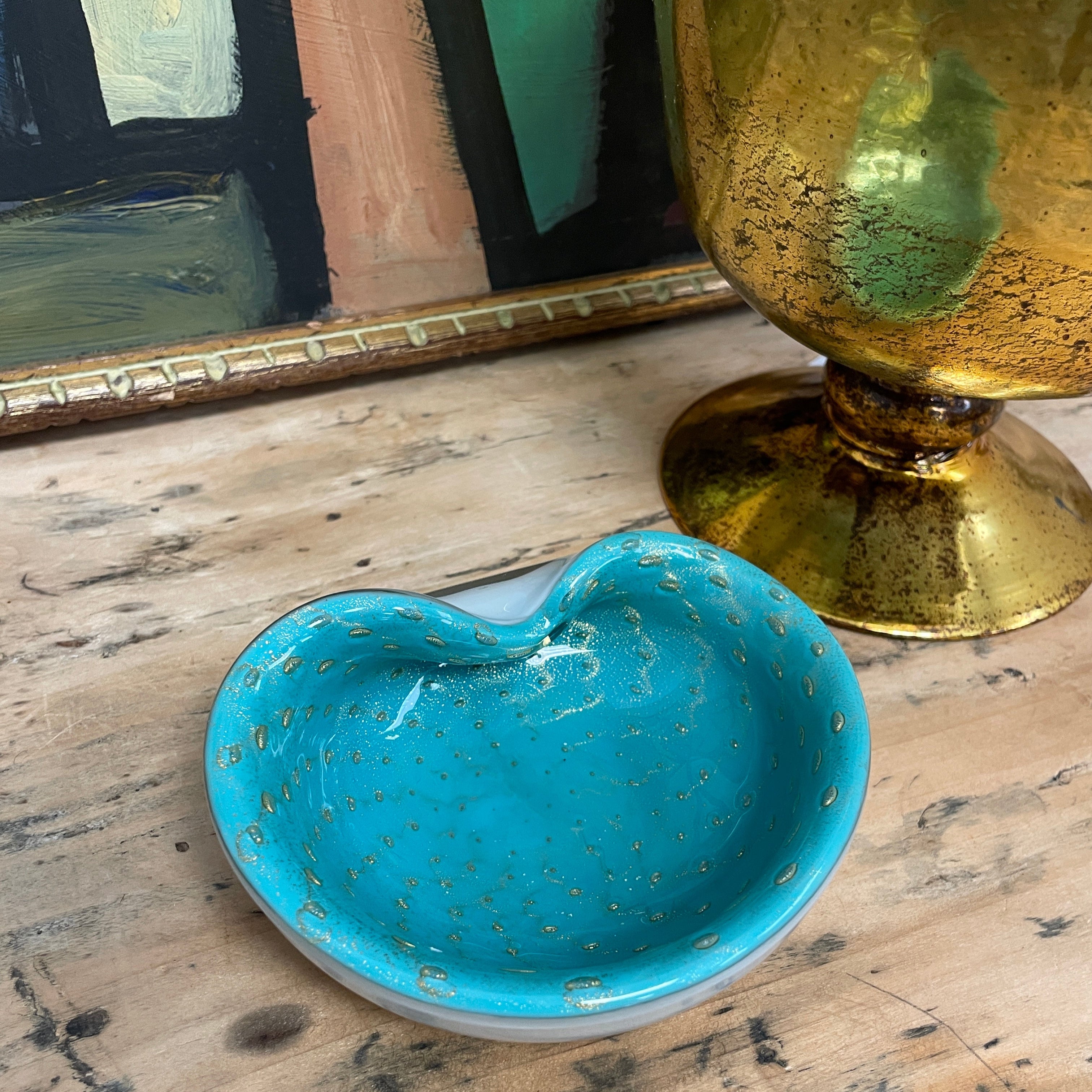 top view of turquoise blue murano glass bowl