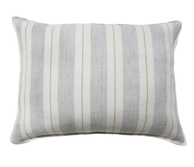 large linen pillow with blue, natural and cream stripes