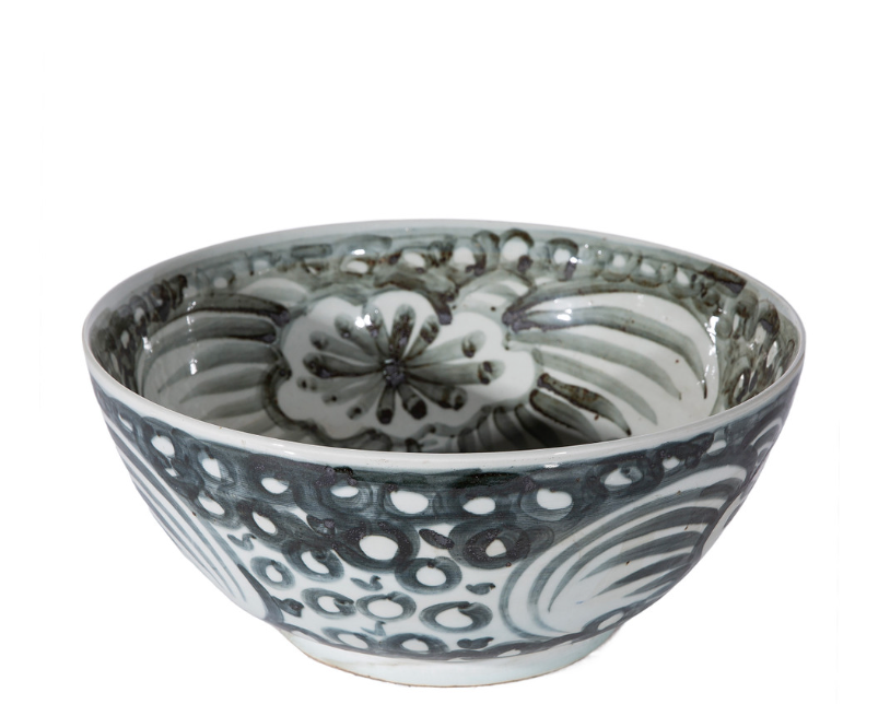 large ceramic bowl with indigo painting inside and out