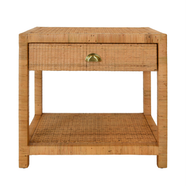 rattan one-drawer and one-shelf side table with brass pull