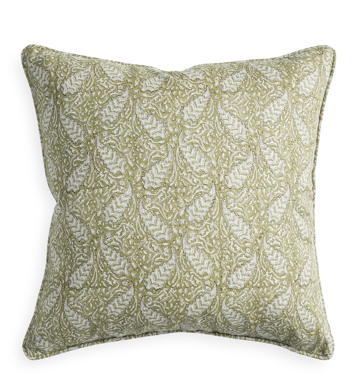 square pillow with pale green leafy block print design