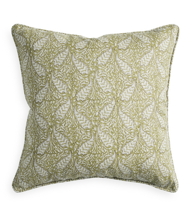 square pillow with pale green leafy block print design