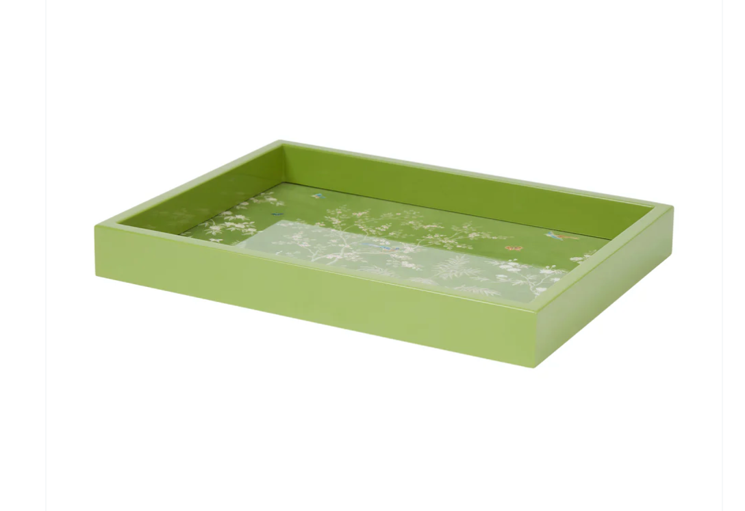 green lacquer tray with painted chinoiserie design
