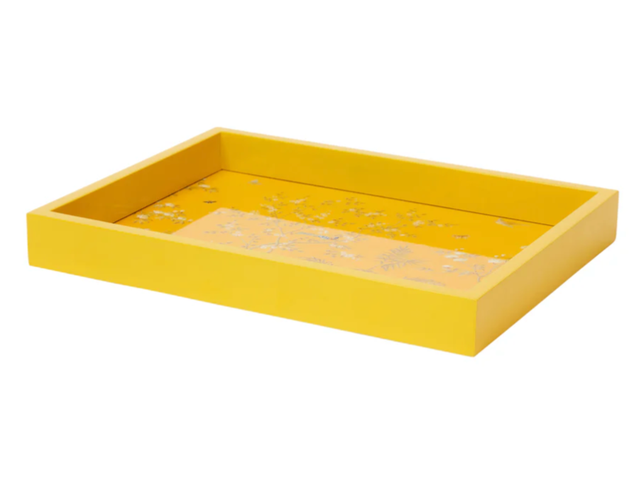 yellow lacquer tray with chinoiserie design