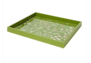green lacquer tray with painted chinoiserie design