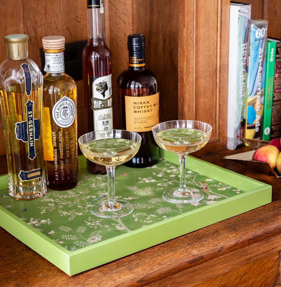 champagne and bar set up with green lacquer tray