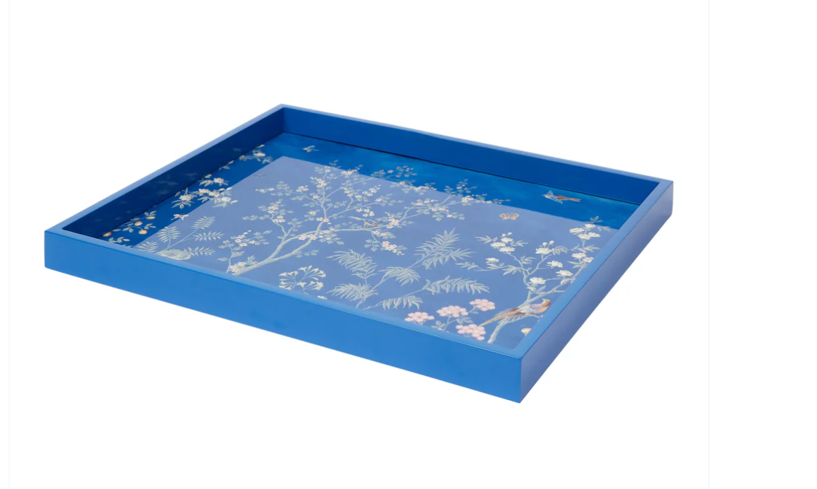 blue lacquer tray with painted chinoiserie design