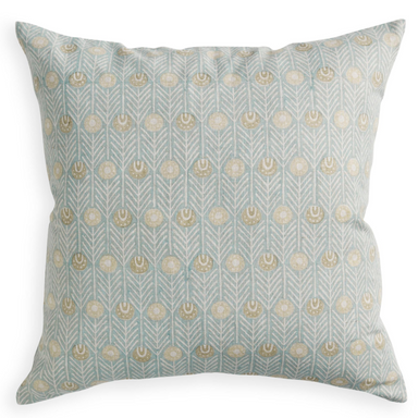 pale blue and tan feather-like pattern on square pillow