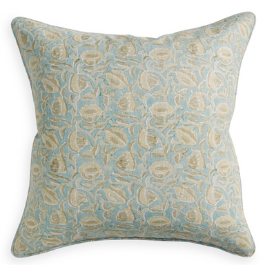 aqua and tan square pillow with floral motif