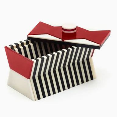 red, black, and white striped and zigzag lidded acrylic box