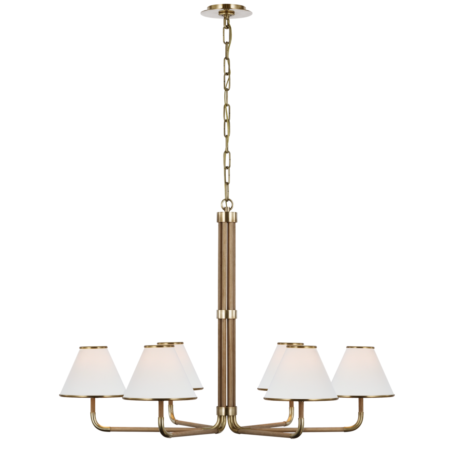 wood and brass chandelier with linen and brass shades