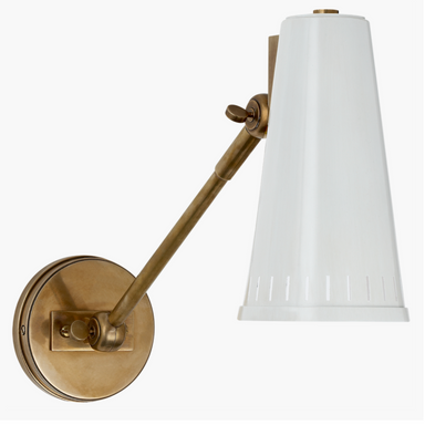 brass arm sconce with white metal shade