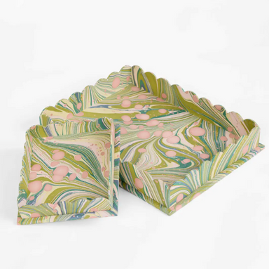 scallop trays in pink and green marbelized paper