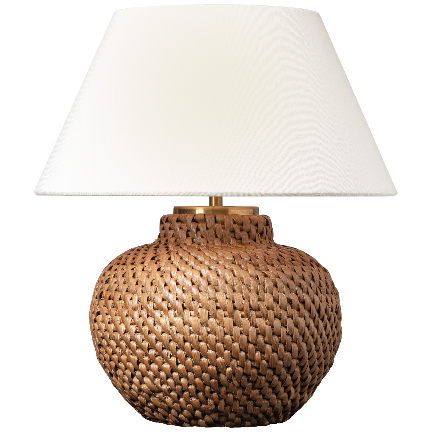 Table lamp with woven base and white shade on a white background