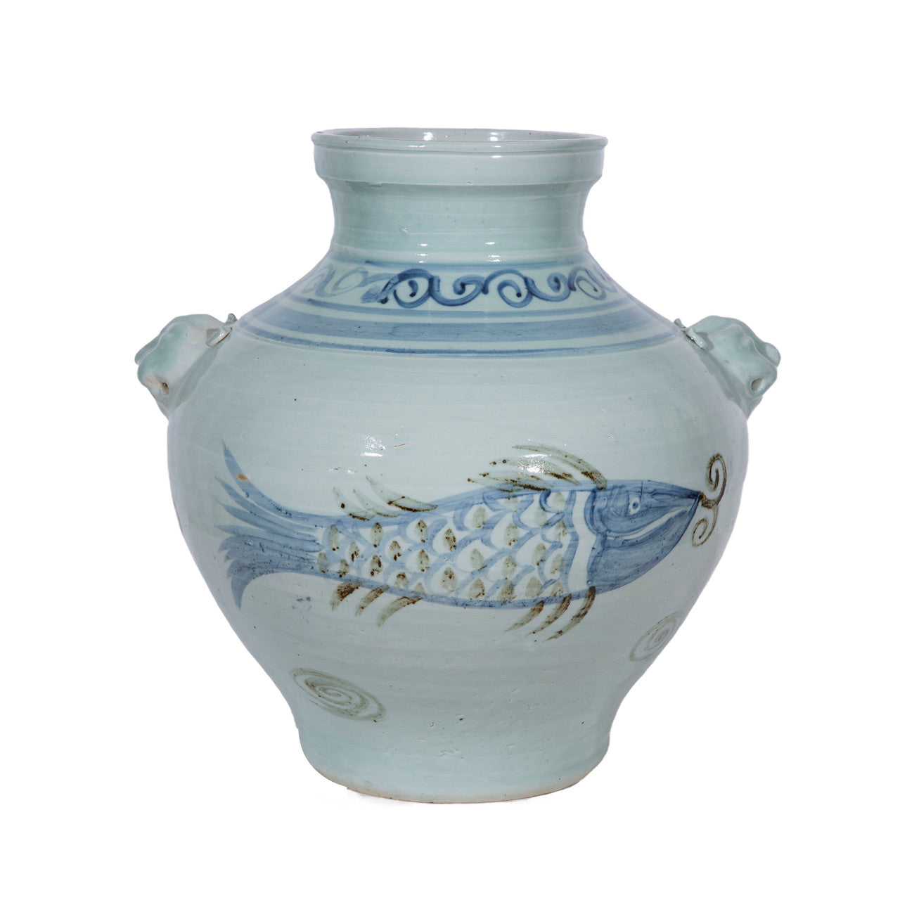 Ceramic vase with blue fish design on a white background
