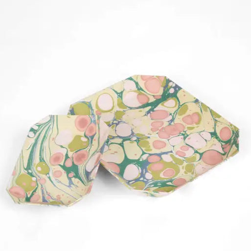 pink and green marbleized paper trays