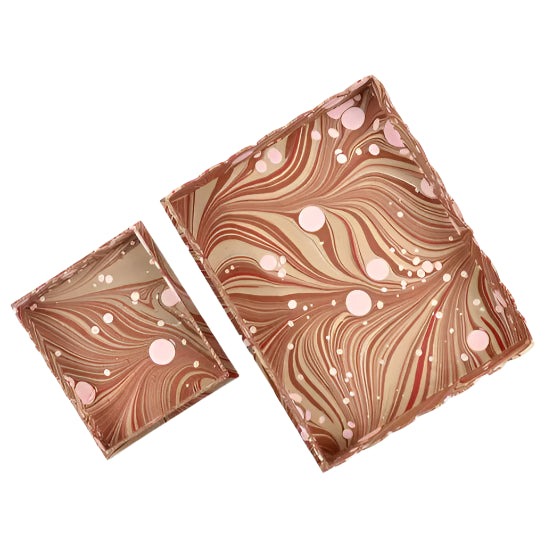 small and large trays in red marbleized paper