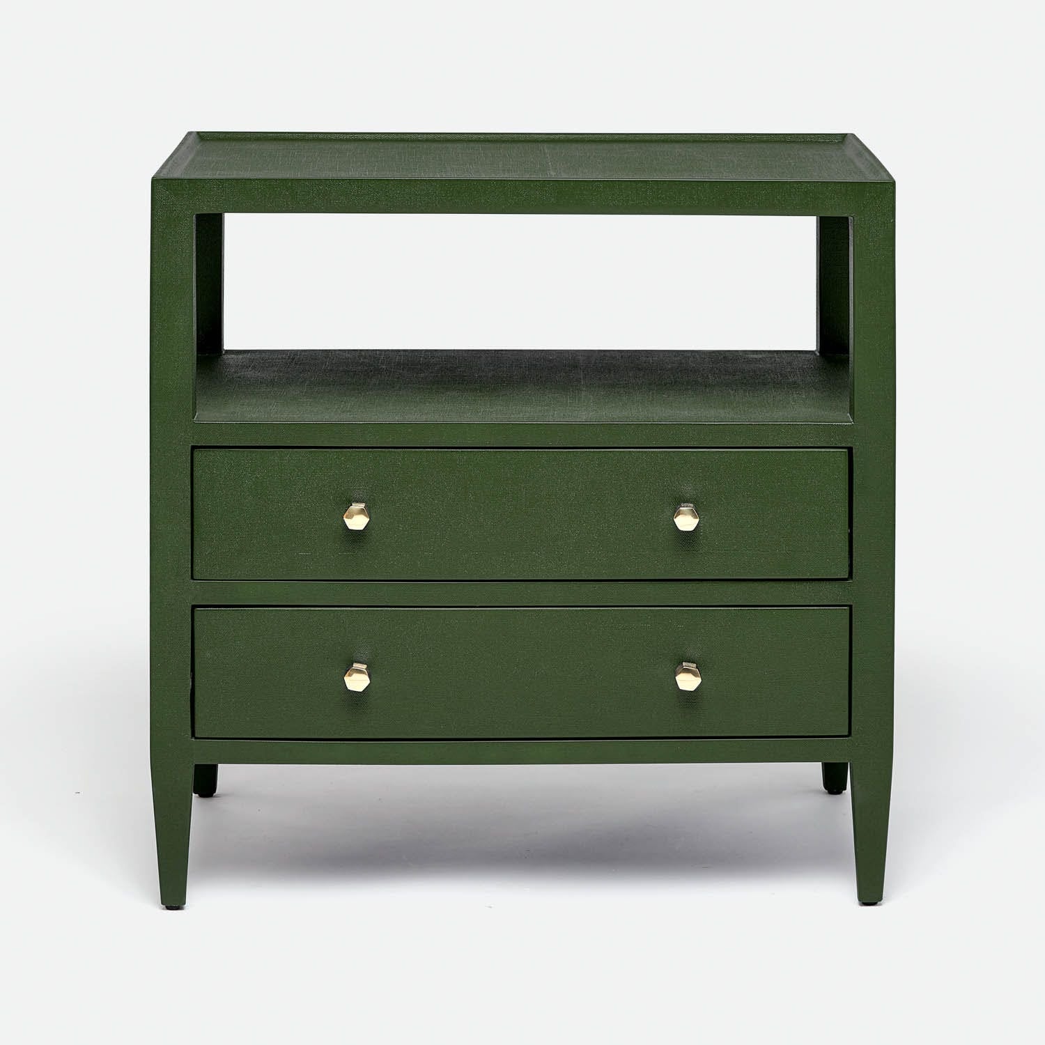 A green Jarin nightstand made with faux Belgian linen, featuring two drawers with gold knobs and a open shelf beneath.