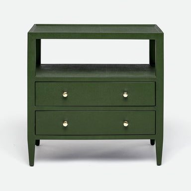 A green Jarin nightstand made with faux Belgian linen, featuring two drawers with gold knobs and a open shelf beneath.