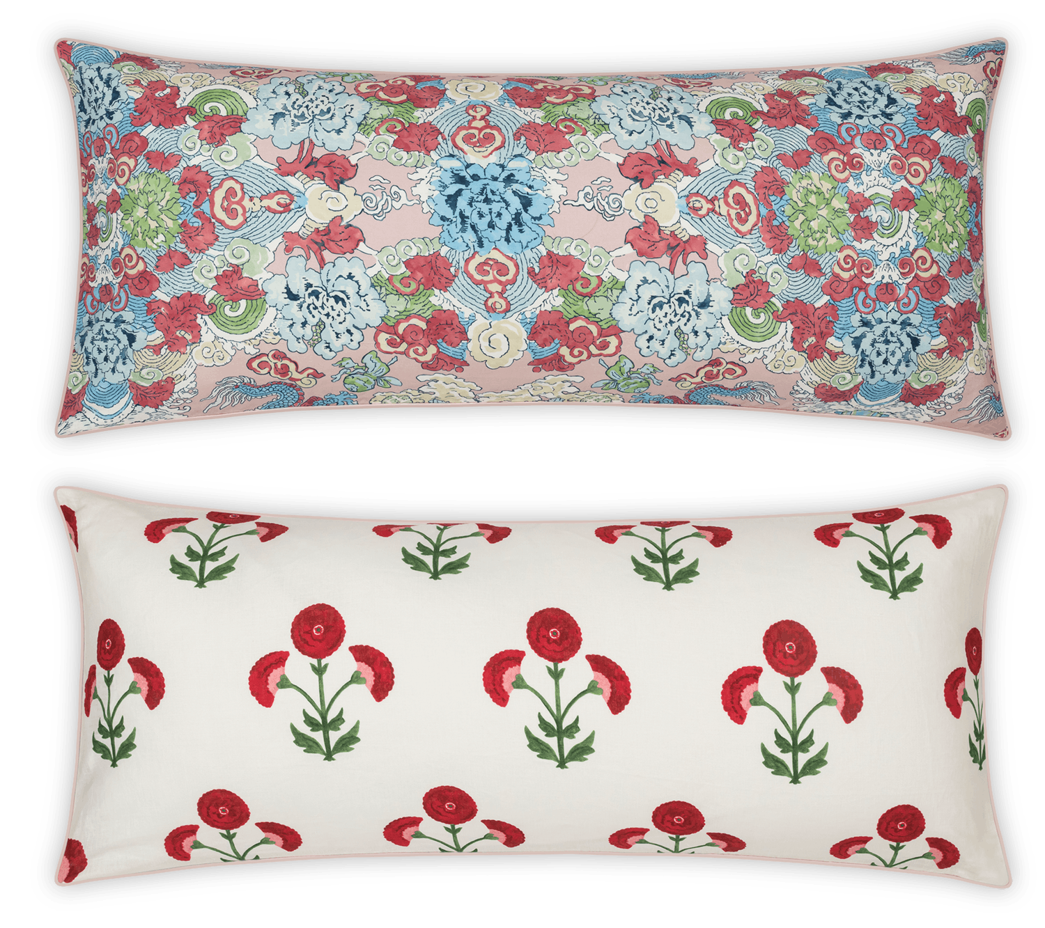 Two decorative pillows with floral patterns on a transparent background