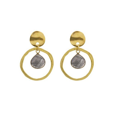 Gold earrings with circular designs and gray stones on a white background