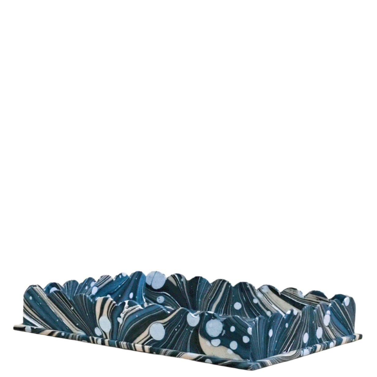 side view of blue marbleized scallop tray