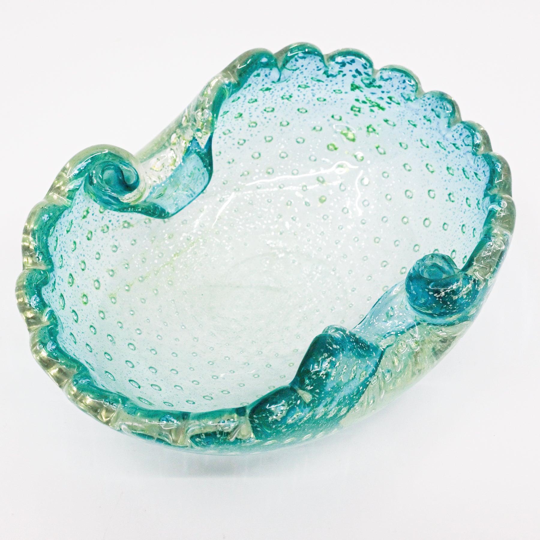Teal Murano Glass Bowl with Scalloped Rim