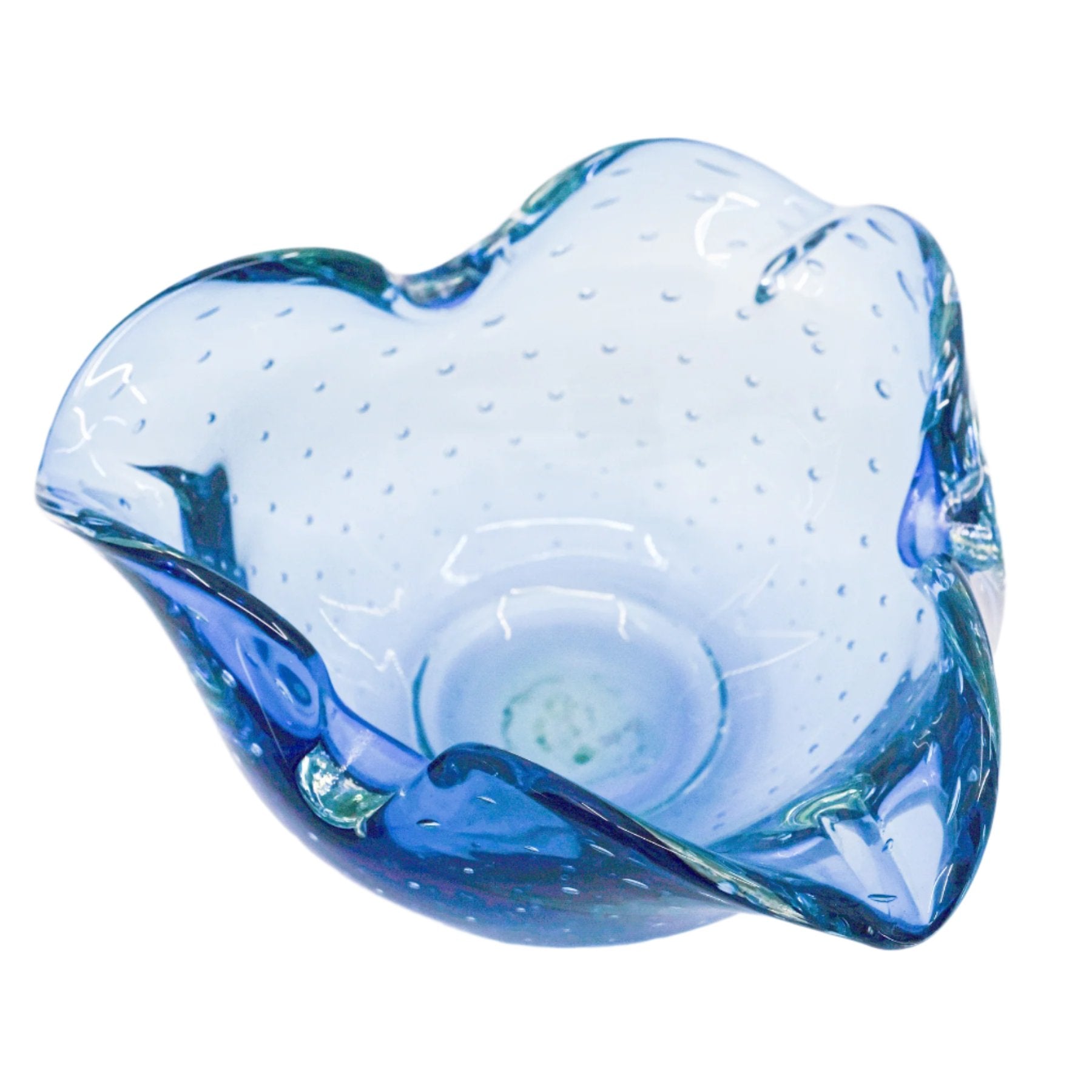 top-down view of transparent blue glass bowl