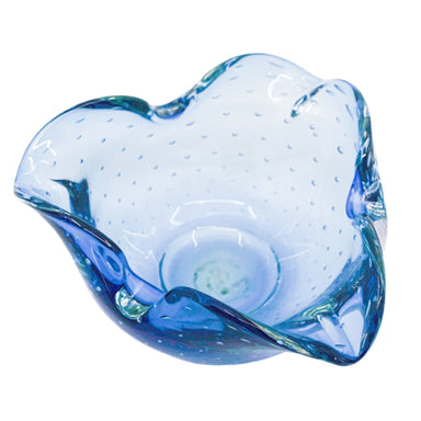 top-down view of transparent blue glass bowl