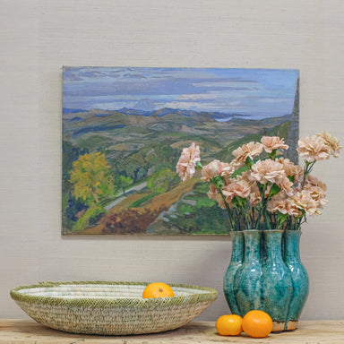 oil painting with green vase and basket