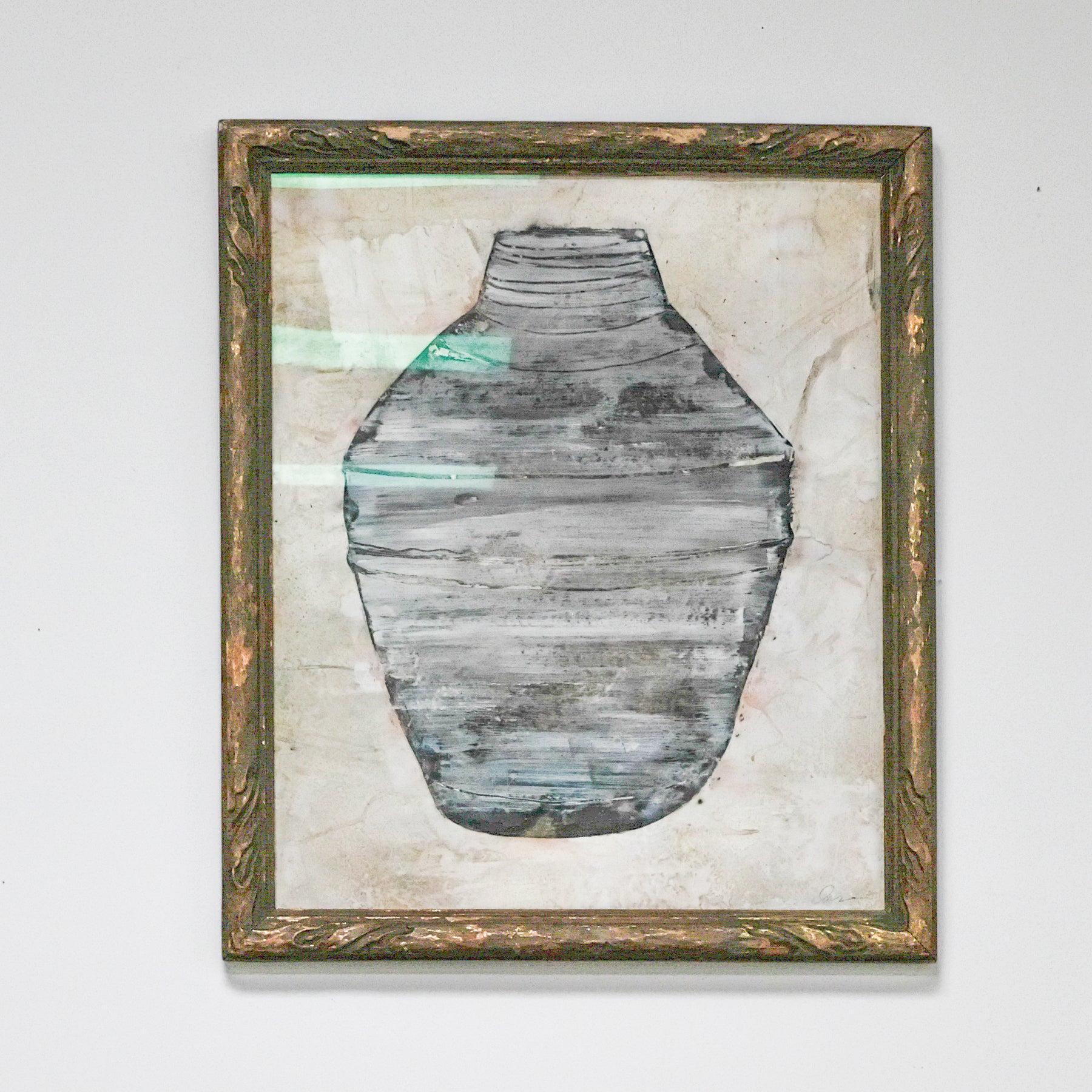 painting of black pottery framed in vintage gold frame