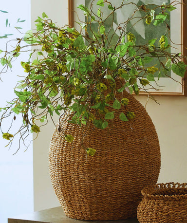 Woven basket with greenery against a neutral wall