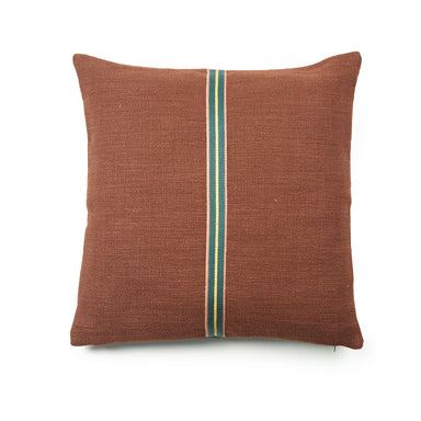 linen and wool pillow cover in burnet sienna with green trim stripe down center