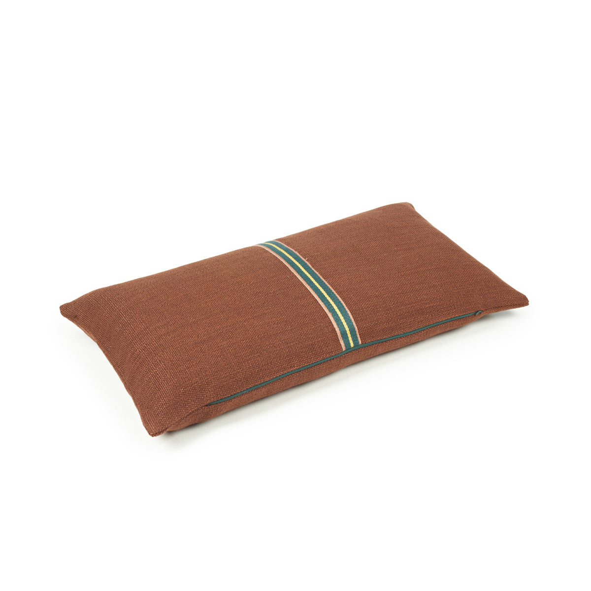oblong linen and wool pillow cover in burnet sienna with green trim stripe down center