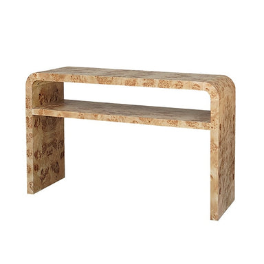 burl wood veneer console table with shelf