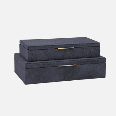 dark grey hinged-lid boxes with brass tab