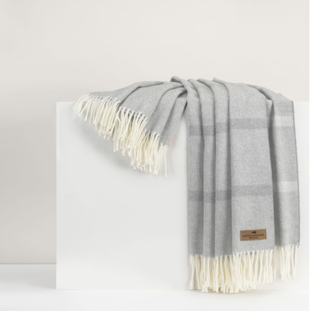 soft grey striped throw with fringe