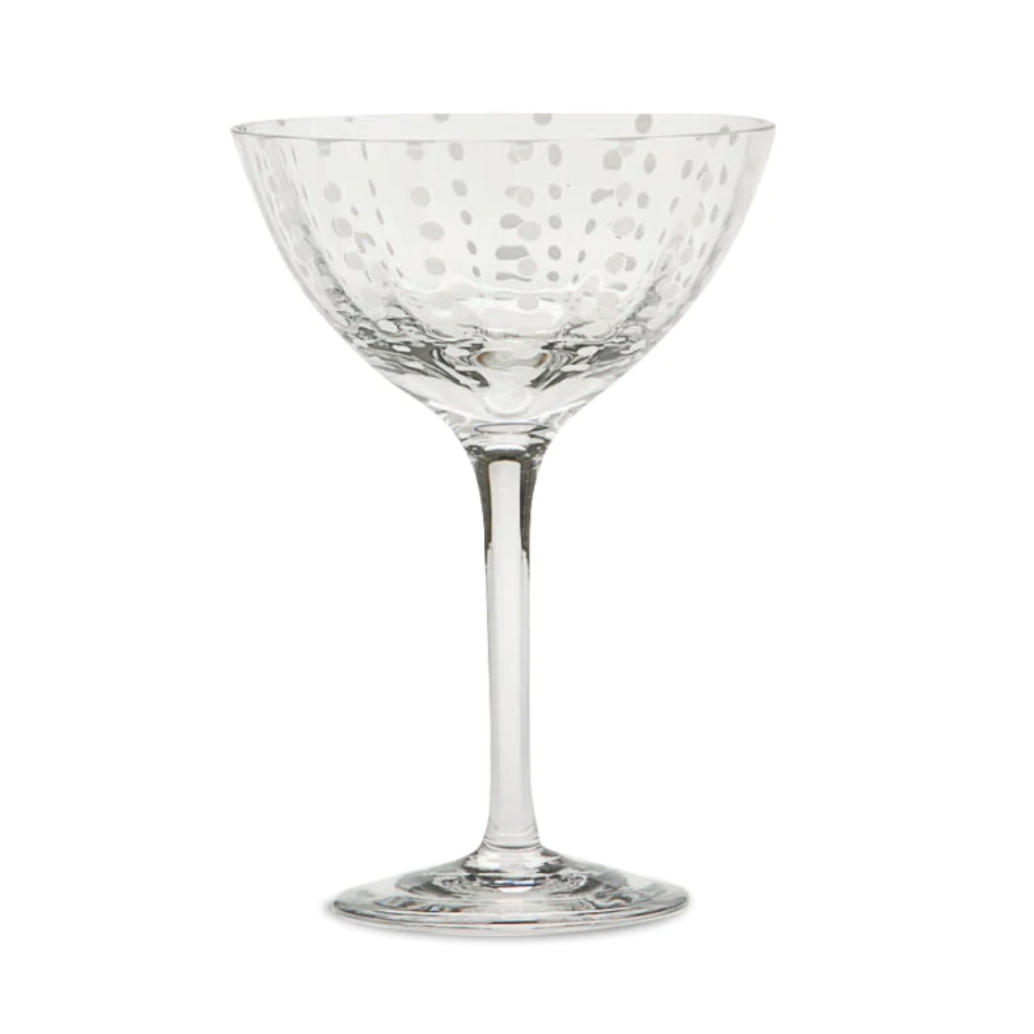 murano glass champagne coupe in clear glass with white dots
