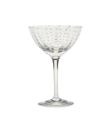 murano glass champagne coupe in clear glass with white dots