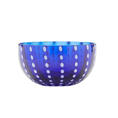 transparent cobalt blue murano glass bowl with white dots