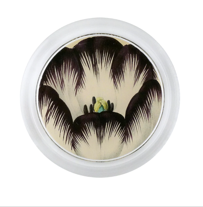brown and white tulip decoupage coaster from john derian