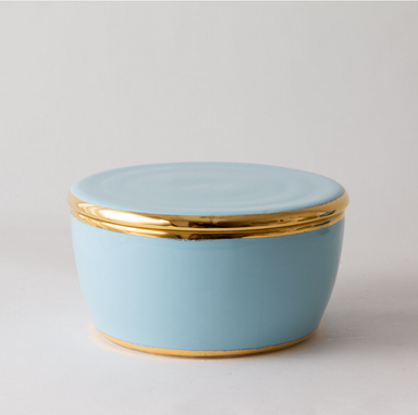 lidded round box in sky blue and gold