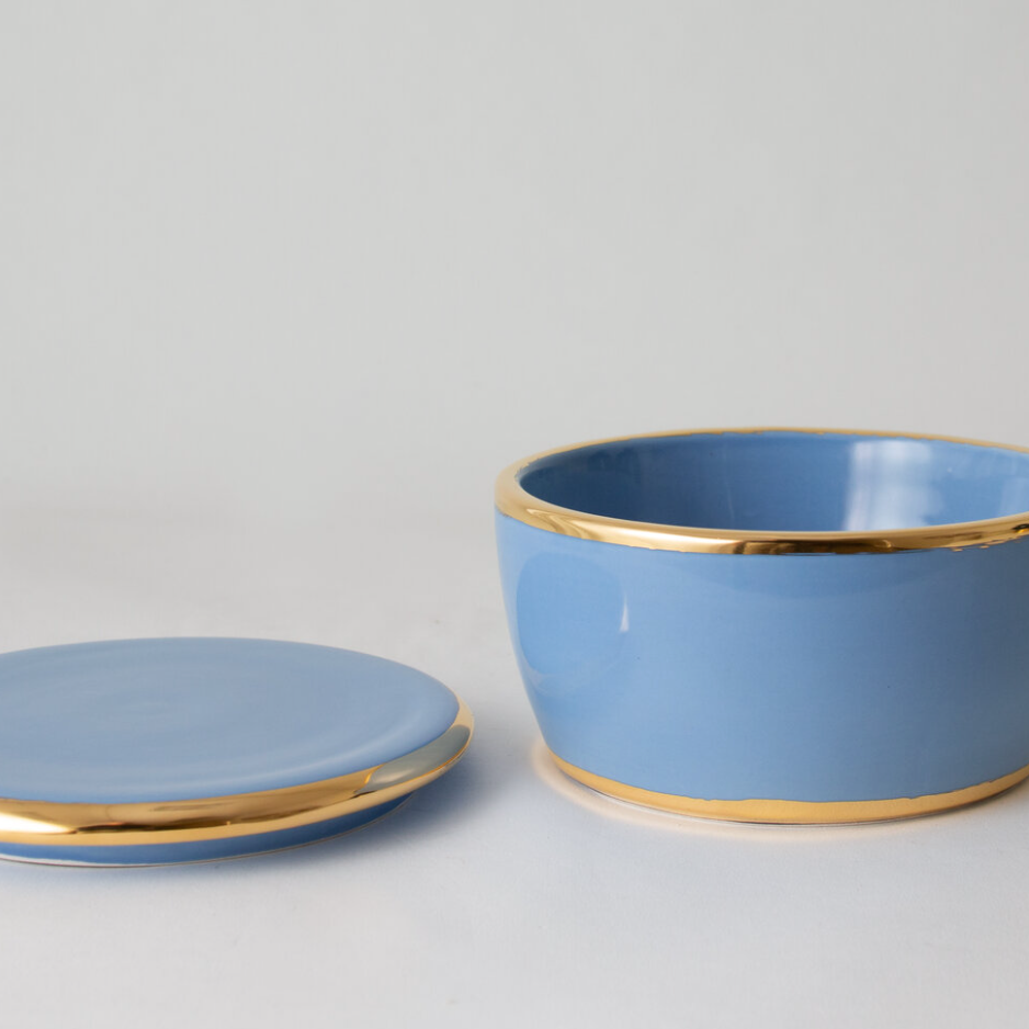 glossy cerulean lidded box with gold lustre accent