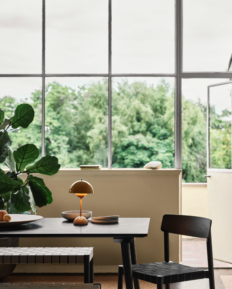 scene showing yellow lamp on dining table