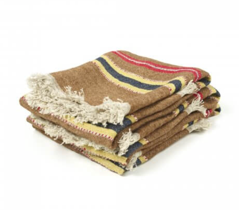 nutmeg, black, yellow and red striped linen guest towel from Libeco