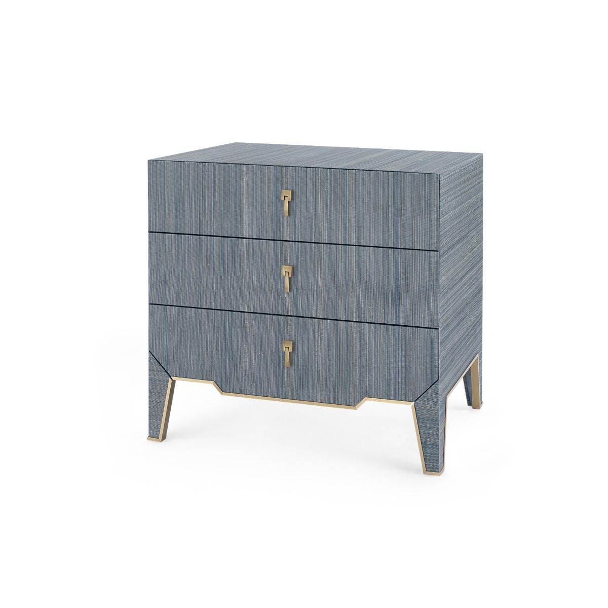 three-drawers chest of drawers covered in blue grasscloth and edged in brass